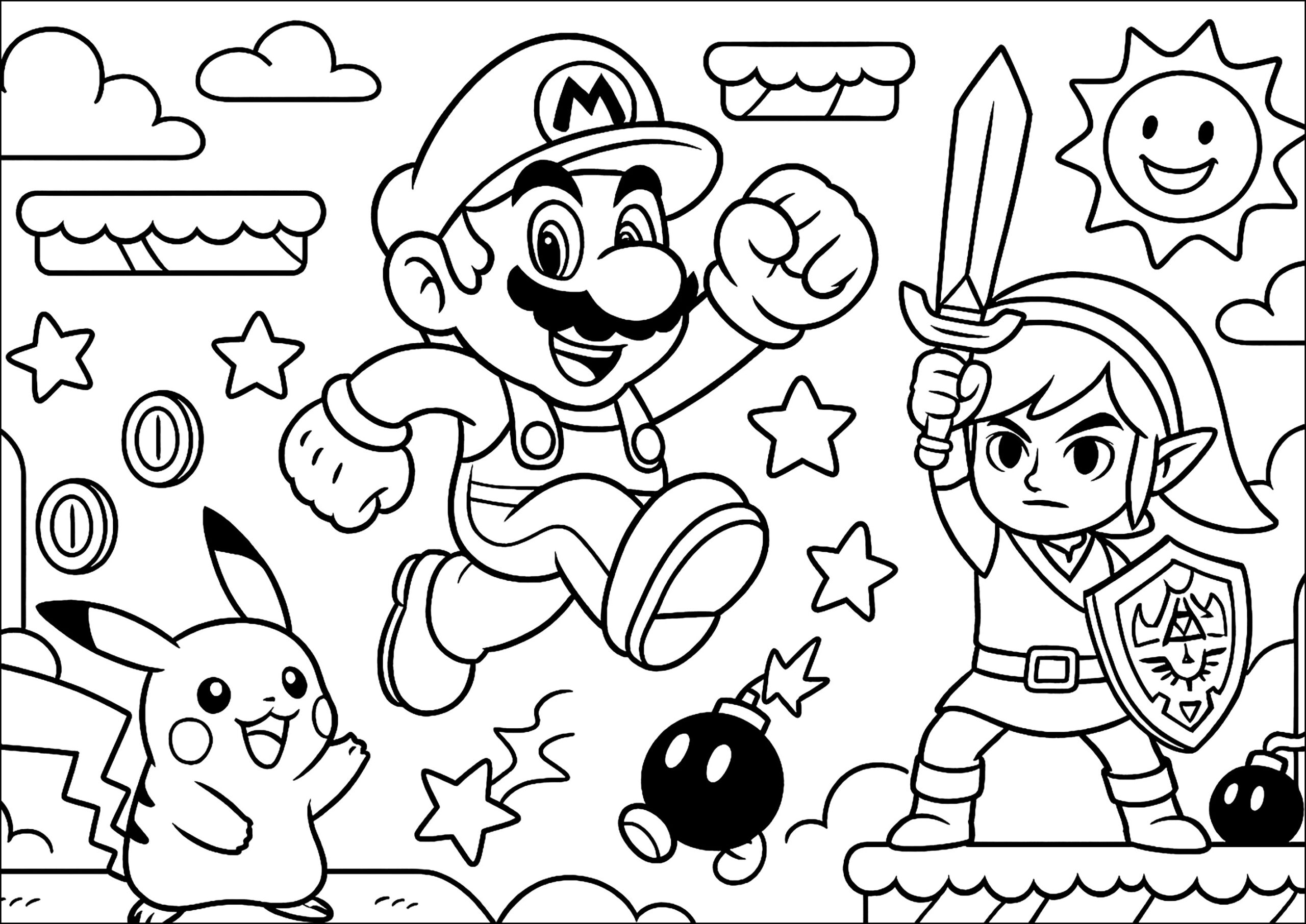 Pikachu With Mario And Link Super Smash Bros Coloring Pages