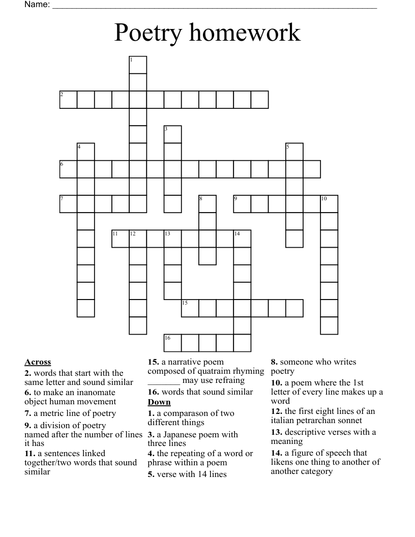 Poetry Homework Crossword WordMint