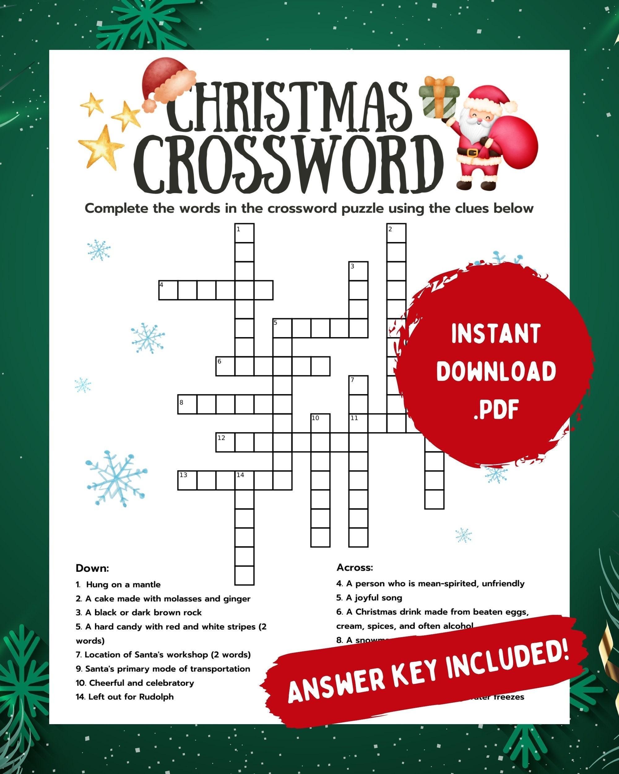 Printable Christmas Crossword Puzzle With Answer Key digital Download Etsy Israel