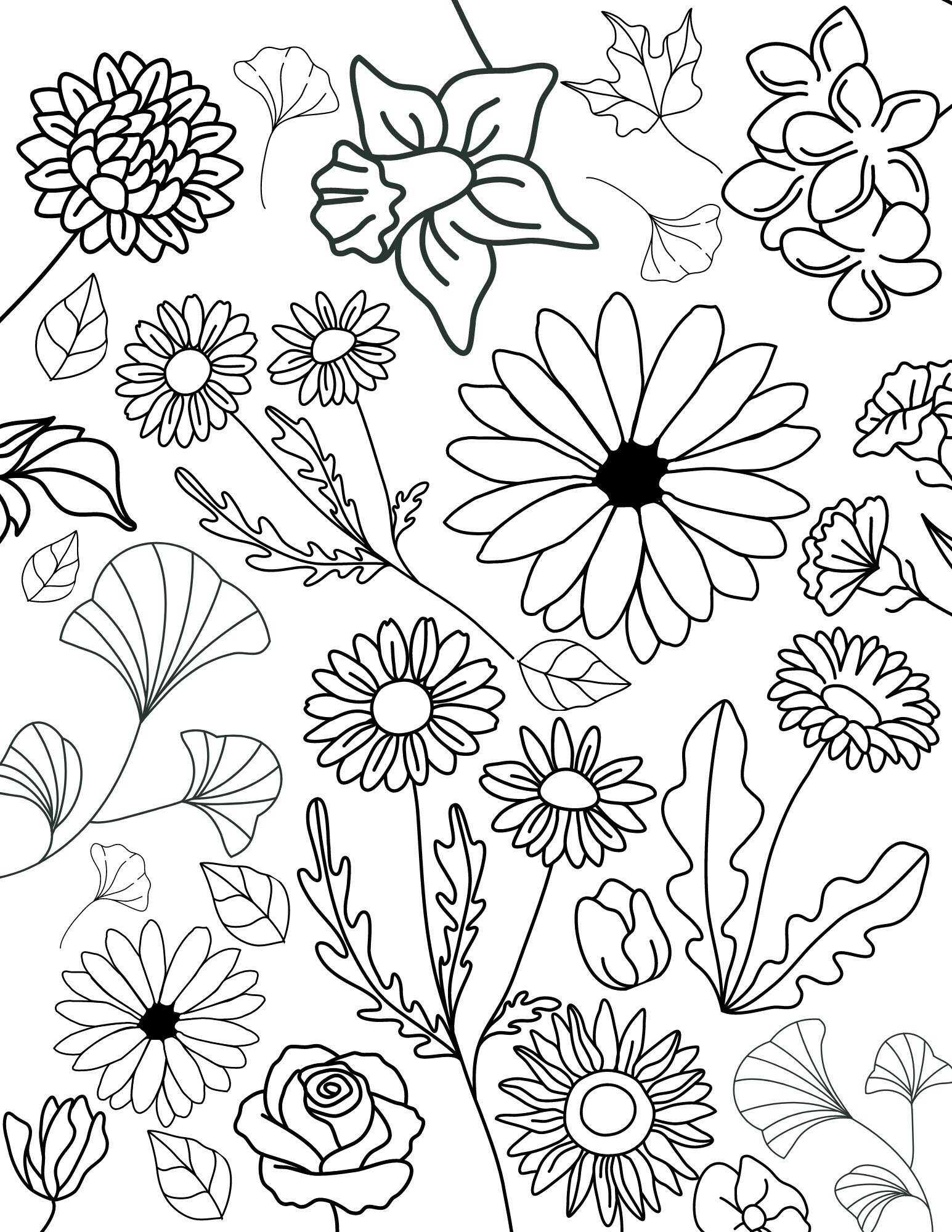 Printable Coloring Page Flowers Etsy