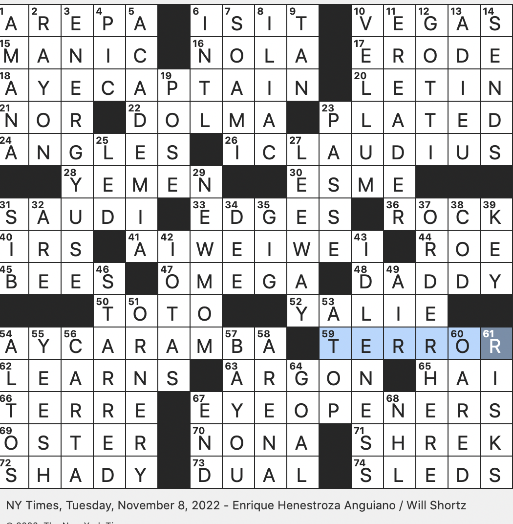 Rex Parker Does The NYT Crossword Puzzle Colombian Cornmeal Cake TUE 11 8 22 Award winning Chinese Artist activist First Noble Gas Alphabetically Activity Tracked By The Nest Or MySunPower App 