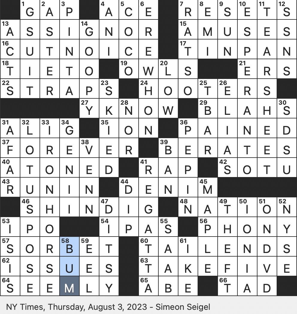 Rex Parker Does The NYT Crossword Puzzle Counterpart To A Receiver Legally THU 8 3 23 1872 Utopian Novel Whose Title Is An Anagram Of NOWHERE Carry Zero Weight Idiomatically 