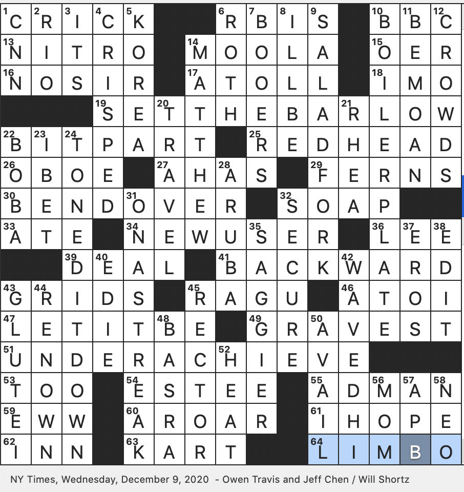 Rex Parker Does The NYT Crossword Puzzle Mideast Port That Was Home To Sinbad The Sailor WED 12 9 20 Remnant Of An Oceanic Volcano Utensil Farthest Left In A Five piece Place Setting One Taking A Bow For Getting Couples Together