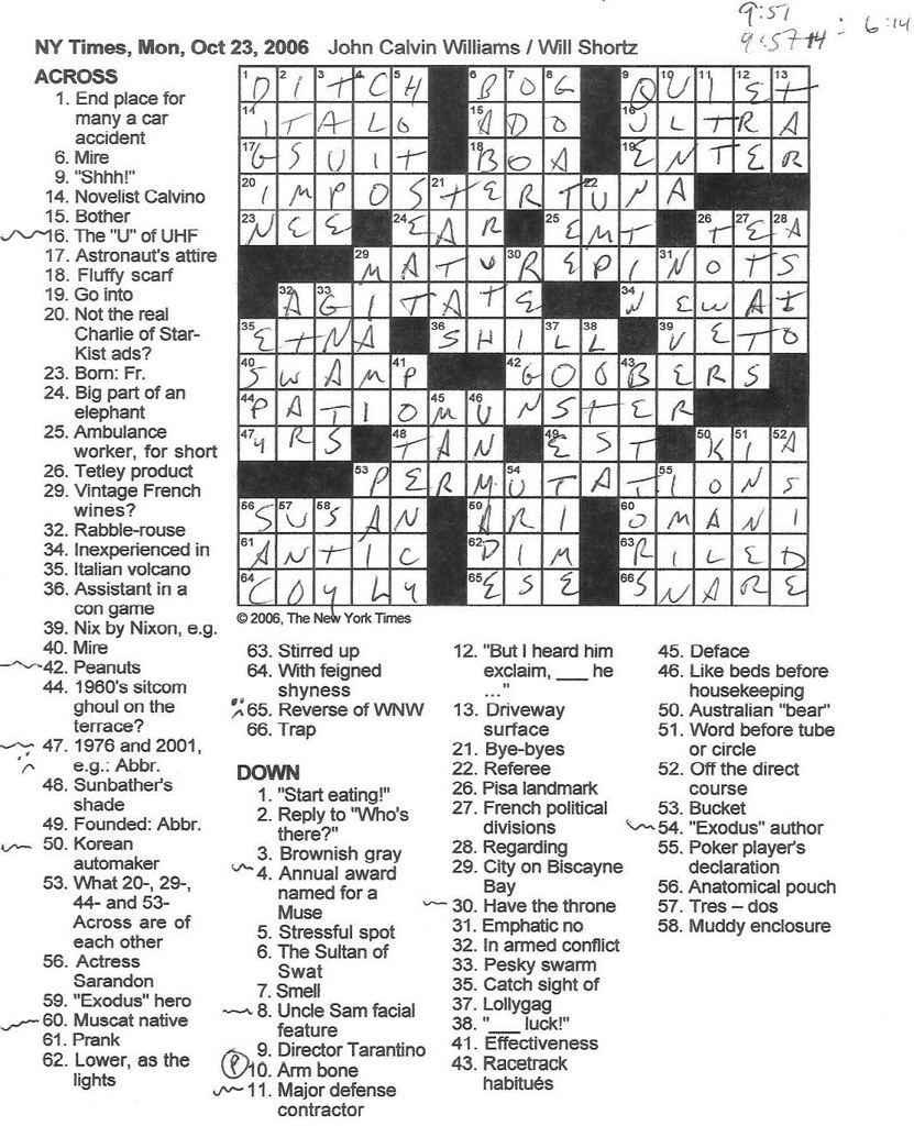 Rex Parker Does The NYT Crossword Puzzle MONDAY Oct 23 2006 John Calvin Williams