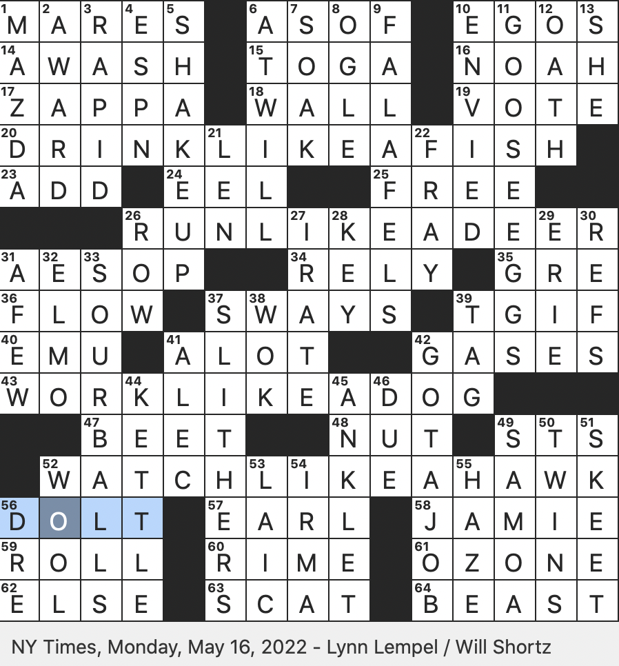 Rex Parker Does The NYT Crossword Puzzle Nonclerical At A Church MON 5 16 22 Pita Sandwiches Of Deep fried Chickpea Balls Roman Garment Of Old Big Bird In Liberty Mutual Ads