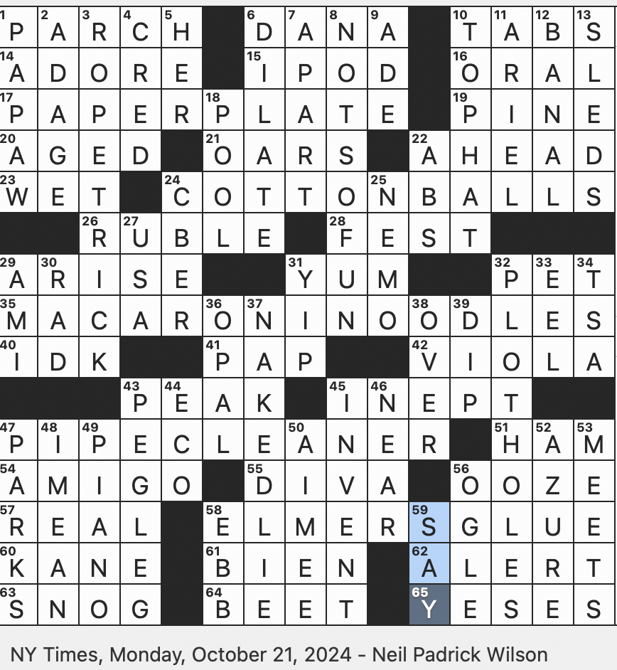 Rex Parker Does The NYT Crossword Puzzle Oblong Yellowish Fruit MON 10 21 24 Unenjoyable To Put It Mildly Mushy Food For Babies Disposable BBQ Dish European Anguilla