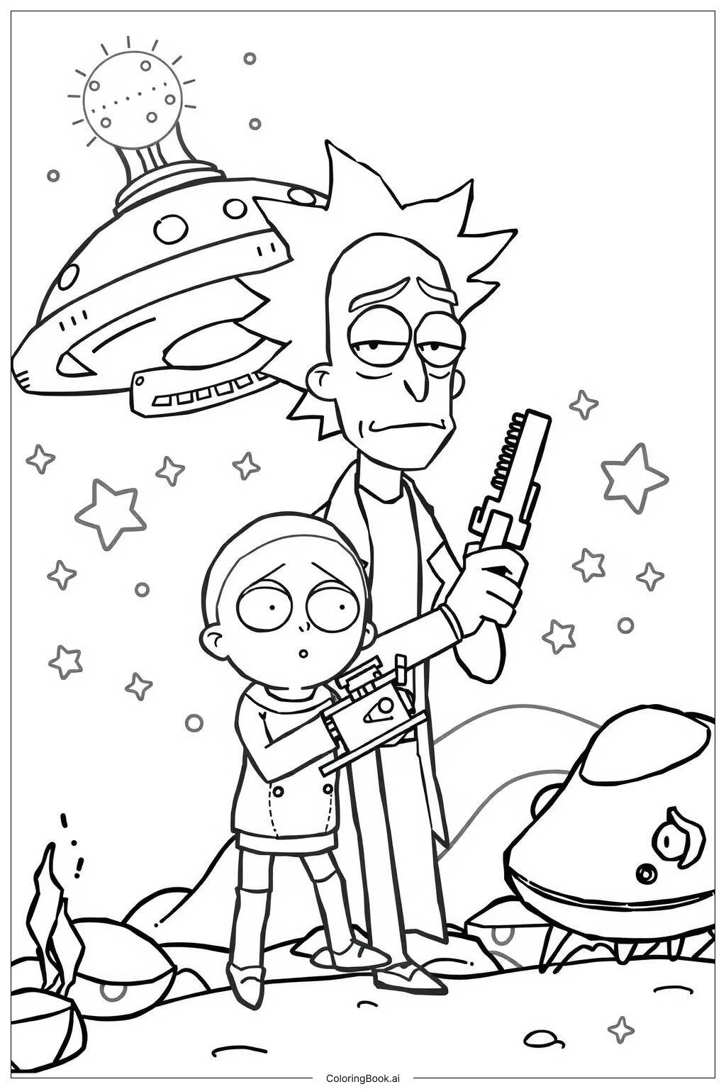Rick And Morty In A Galactic Battle Coloring Page Free PDF PNG Printable 