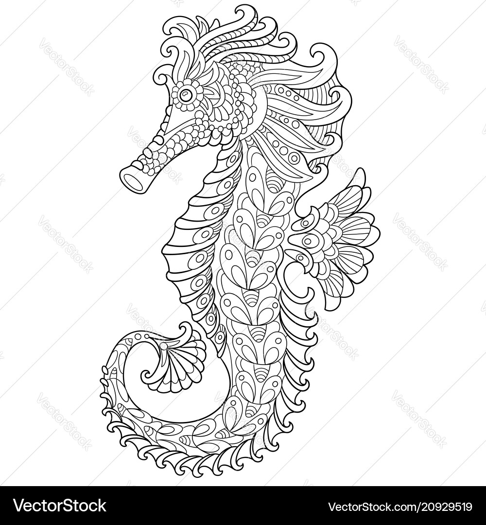 Seahorse Zentangle Coloring Page Royalty Free Vector VectorStock