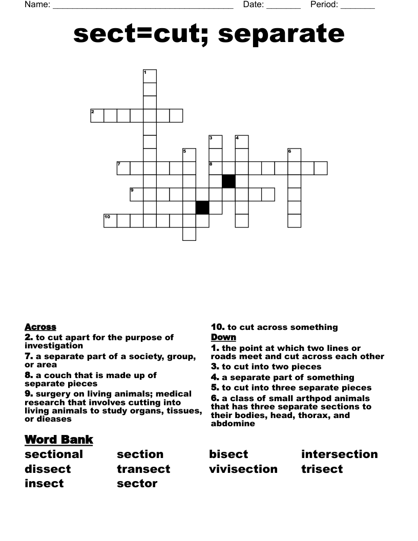 Sect cut Separate Crossword WordMint