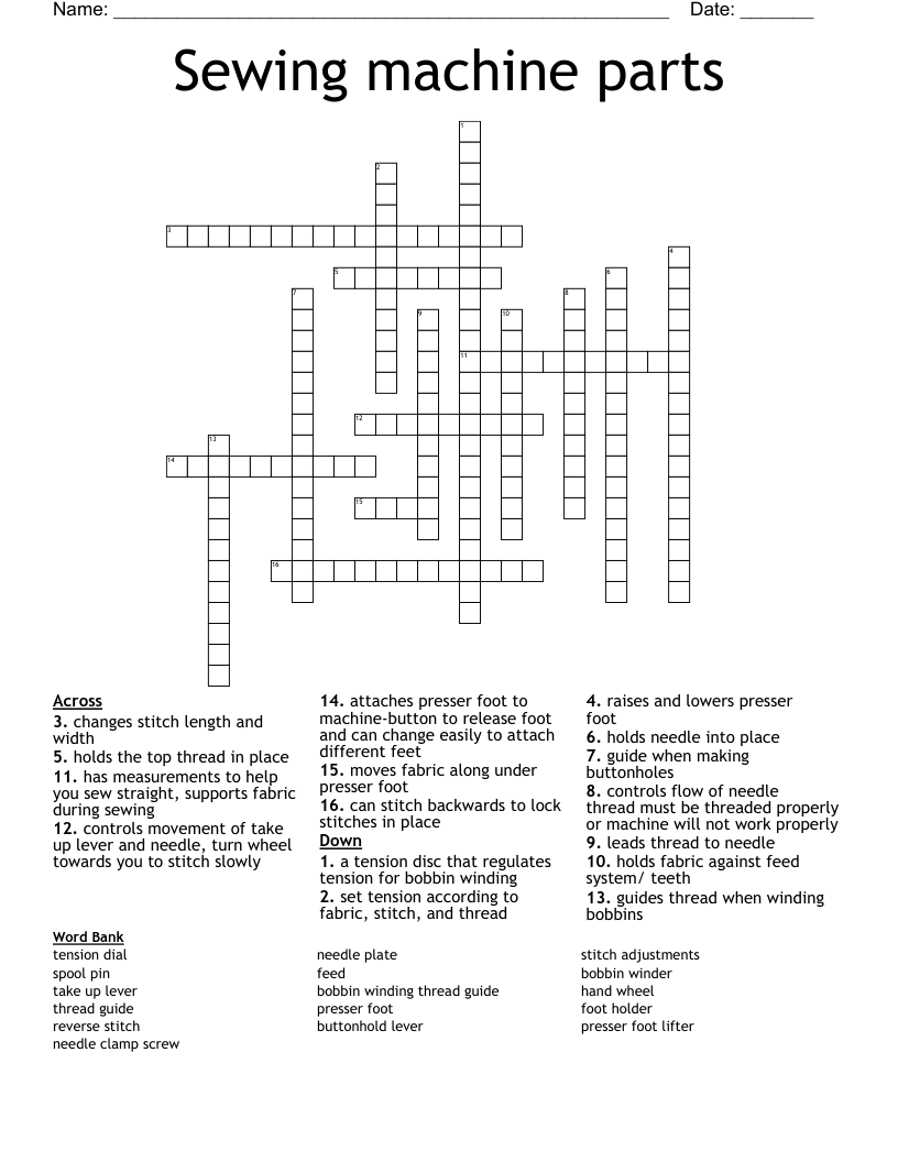 Sewing Machine Parts Crossword WordMint