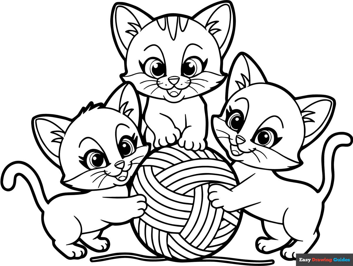 Silly Cats Playing With Ball Of Yarn Coloring Page Easy Drawing Guides