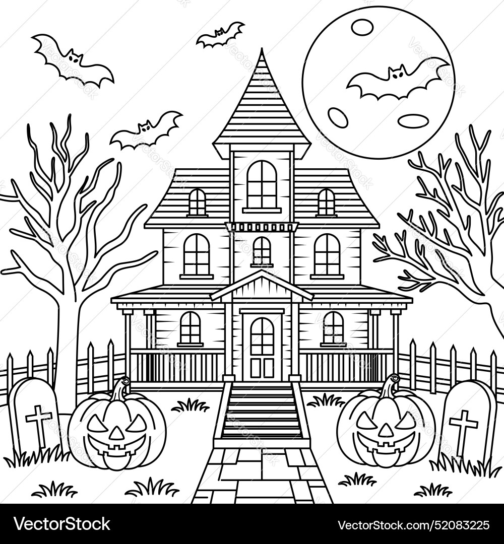 Spooky Halloween Mansion Coloring Page Royalty Free Vector VectorStock
