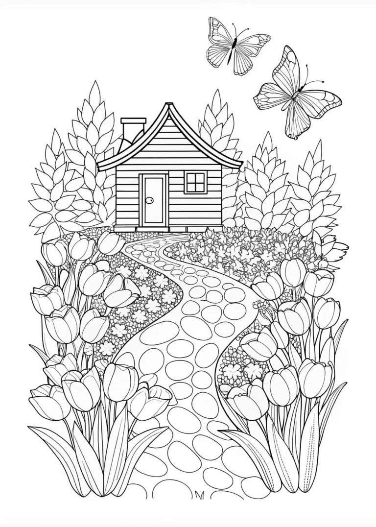 Springtime Tulip Garden Path Coloring Page Free Printable