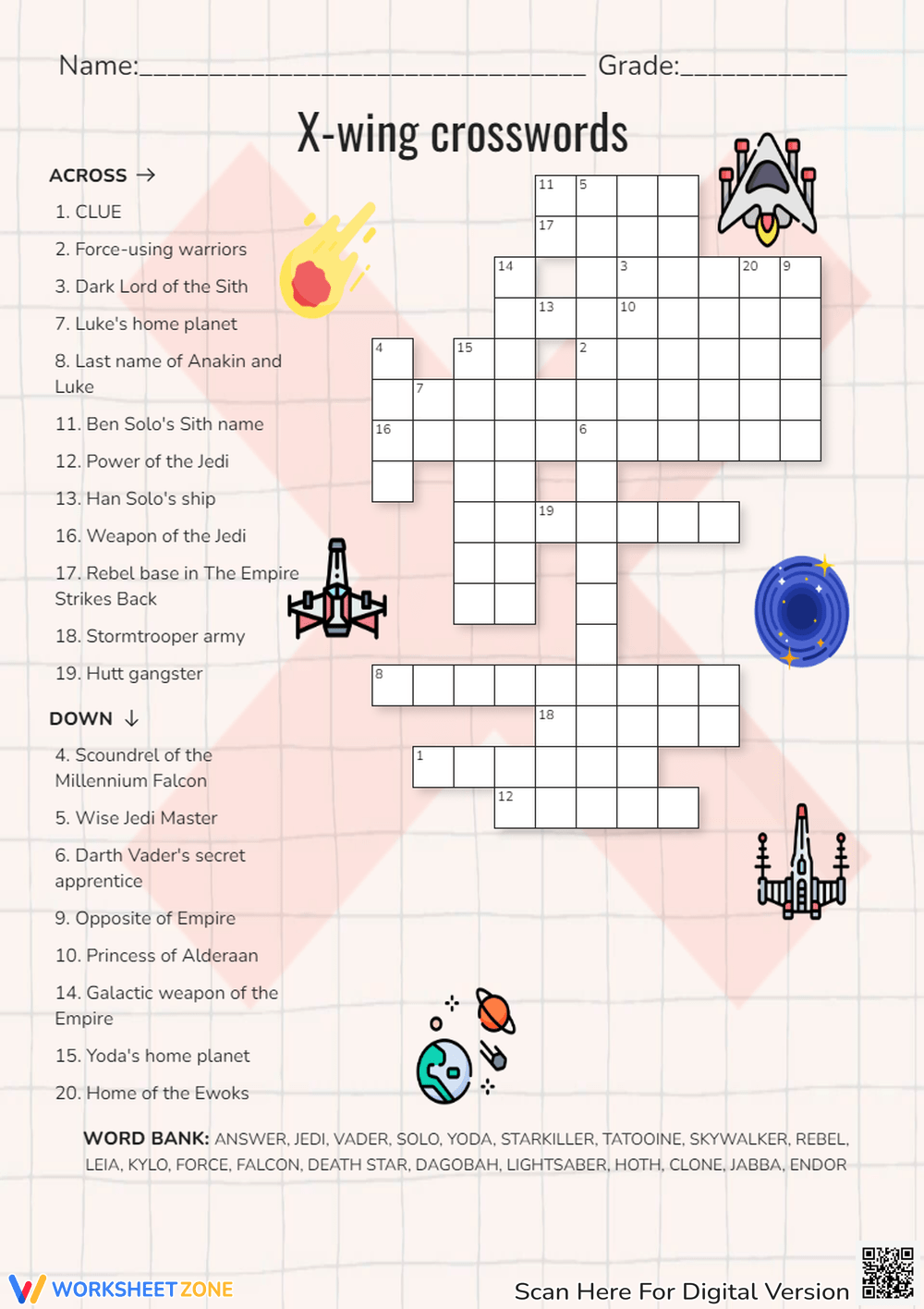 Star Wars Crossword Puzzle Worksheets Printable