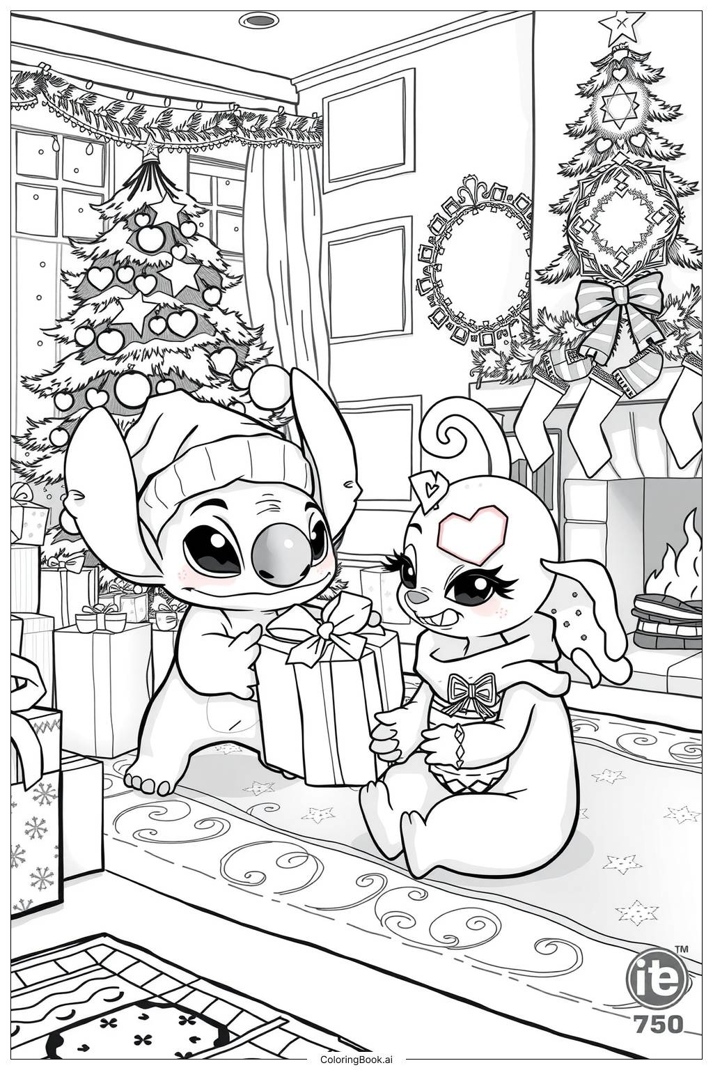 Stitch And Angel At Christmas Coloring Page Free PDF PNG Printable 