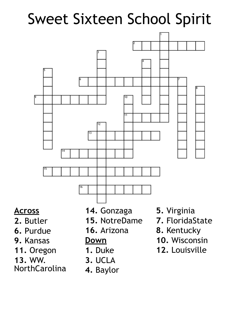Sweet Sixteen School Spirit Crossword WordMint