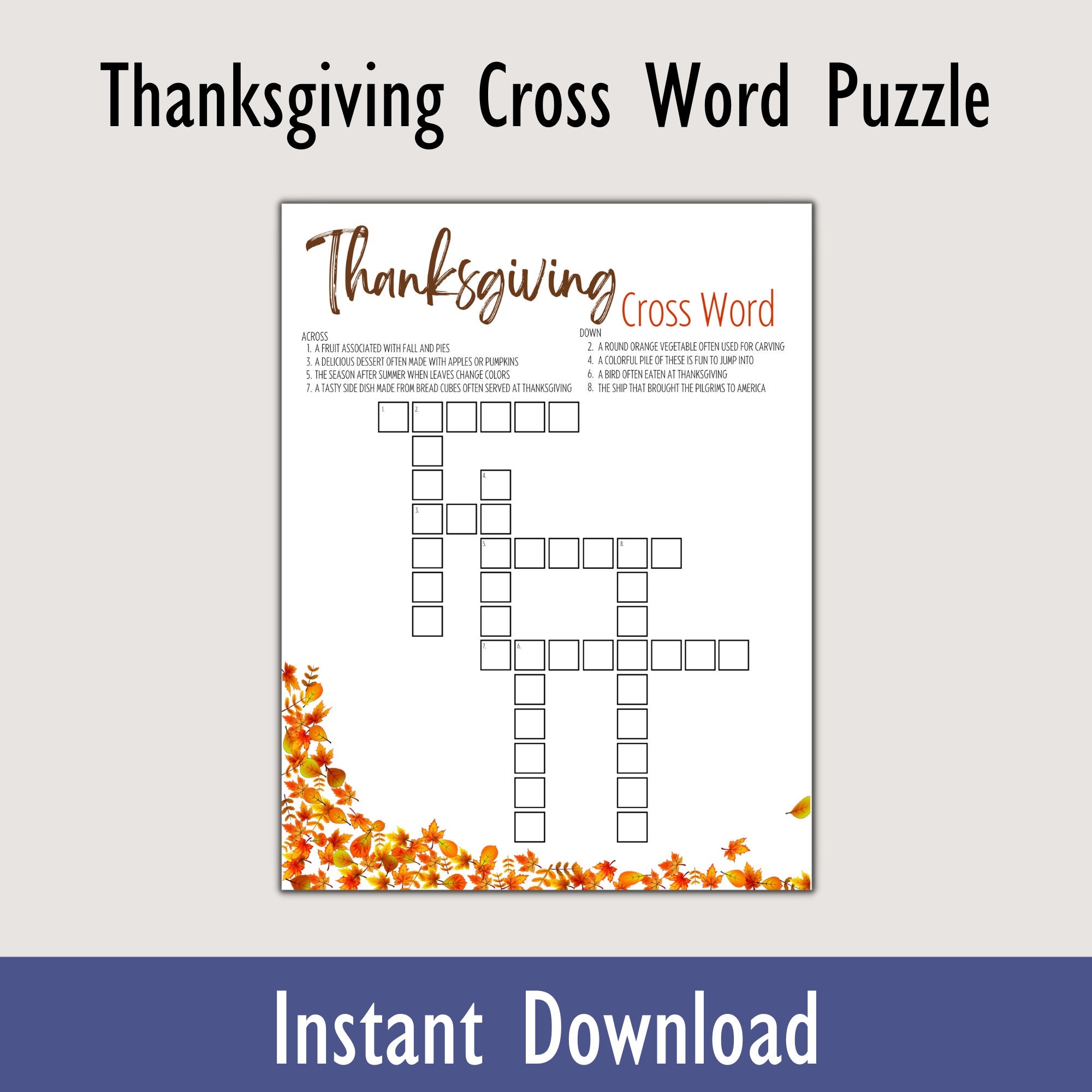 Thanksgiving themed Crossword Puzzle Printable Available In Color And Black White Complete With Answer Key Etsy