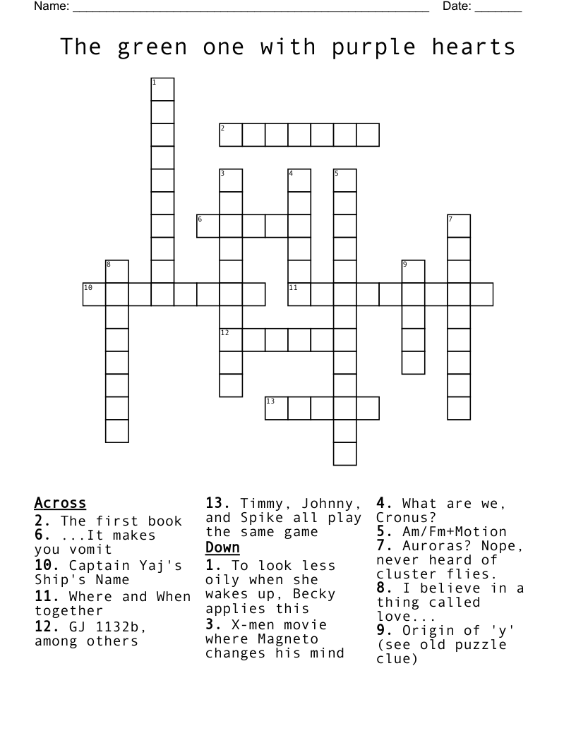 The Green One With Purple Hearts Crossword WordMint