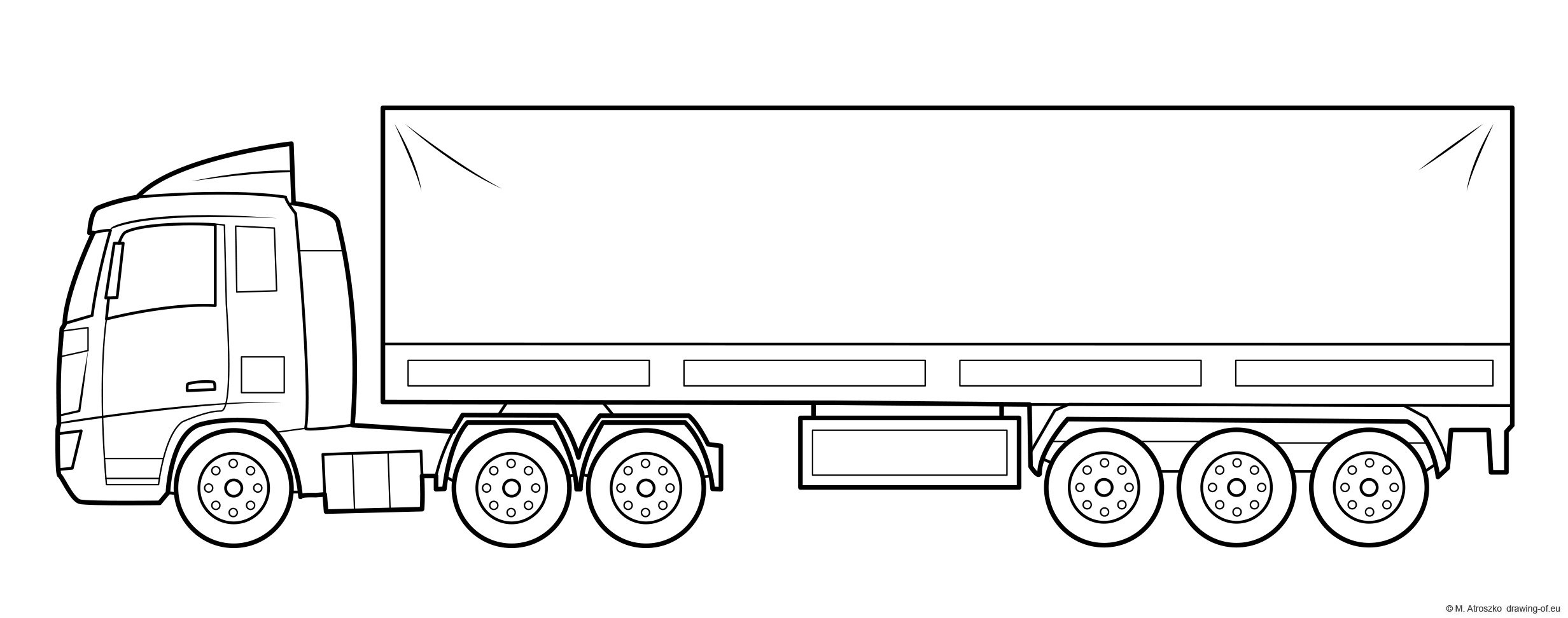 Truck And Trailer Coloring Page Line Art Illustrations