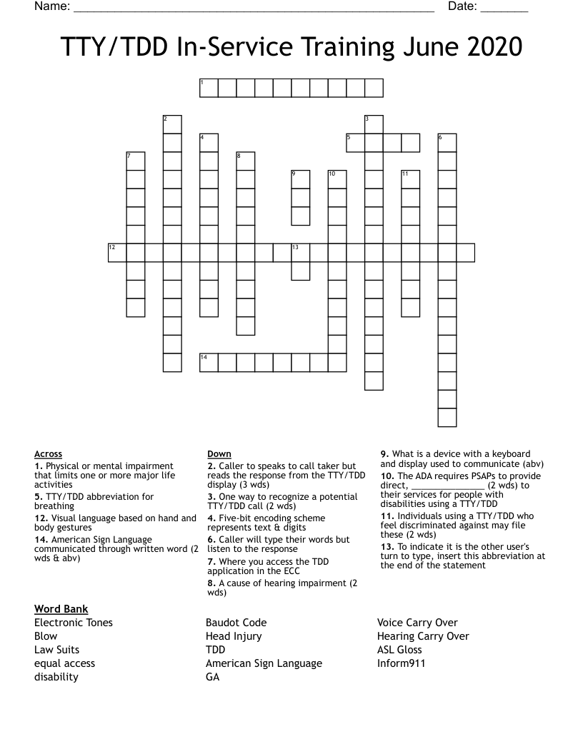 TTY TDD In Service Training June 2020 Crossword WordMint