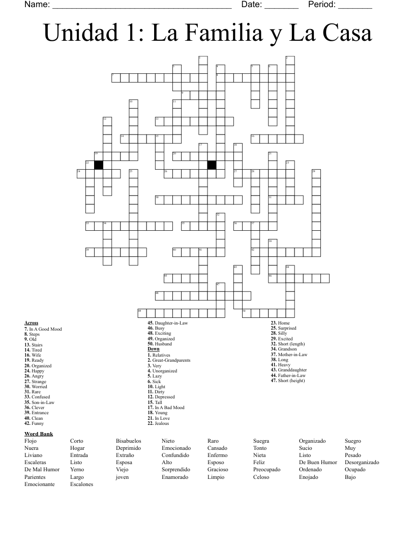 Unidad 1 La Familia Y La Casa Crossword WordMint