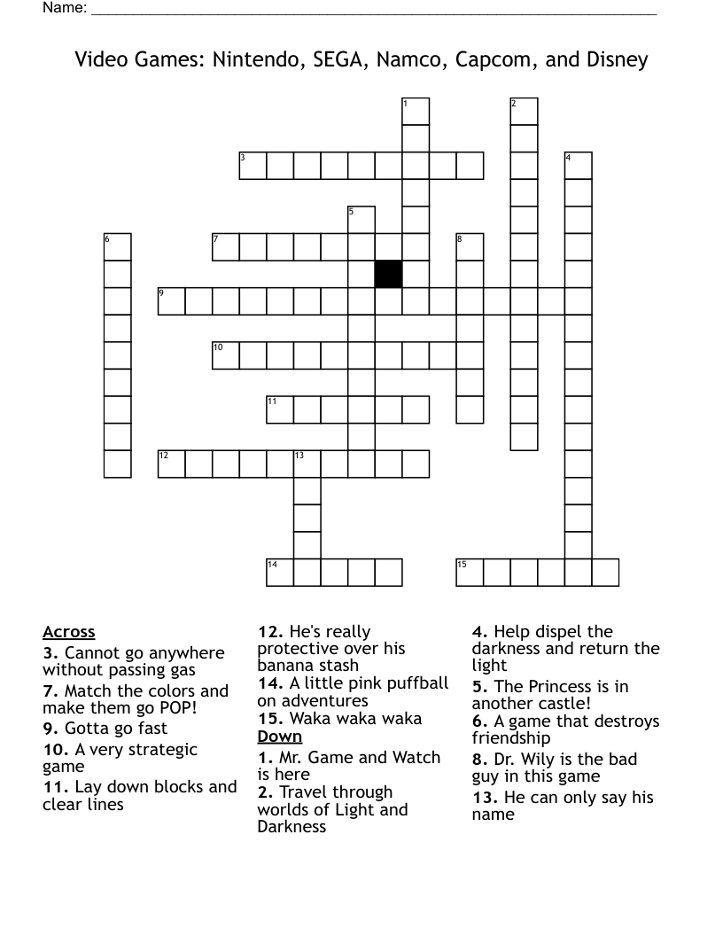 Video Games Nintendo SEGA Namco Capcom And Disney Crossword WordMint