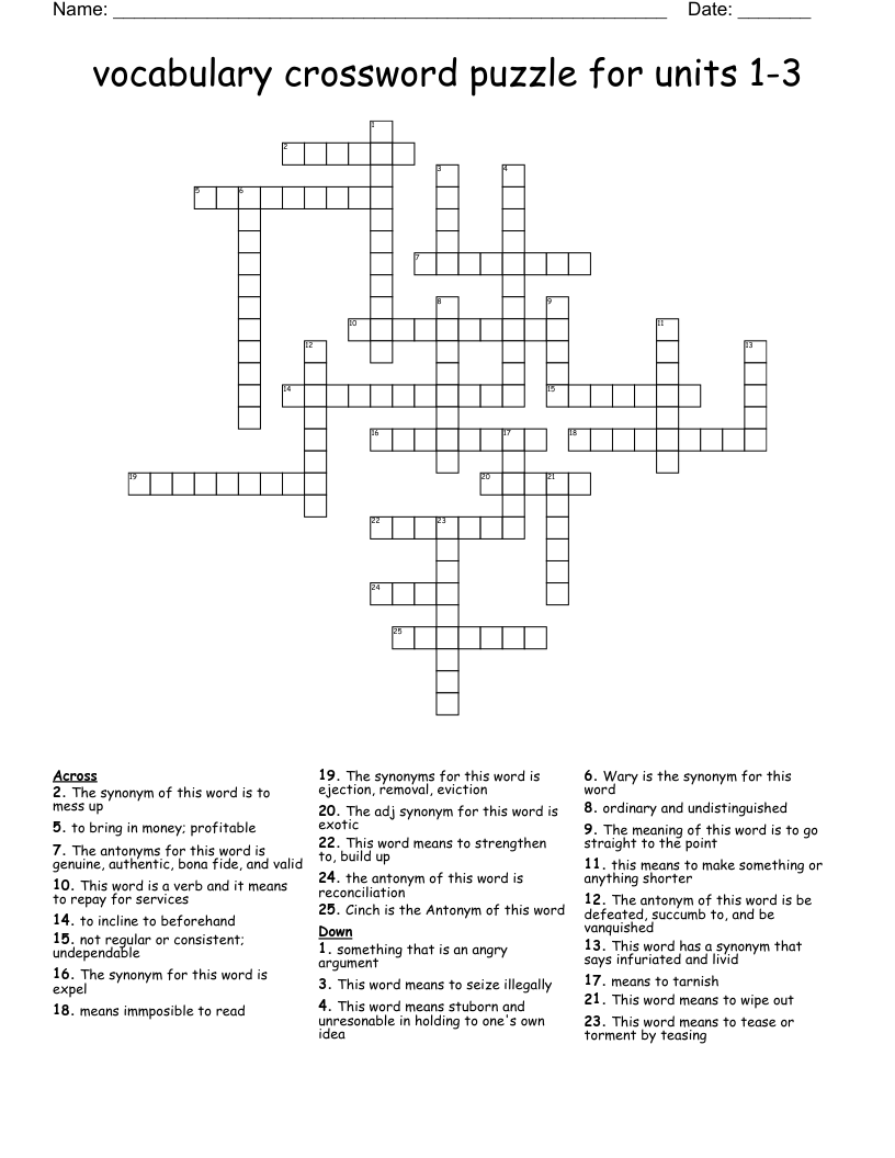 Vocabulary Crossword Puzzle For Units 1 3 WordMint