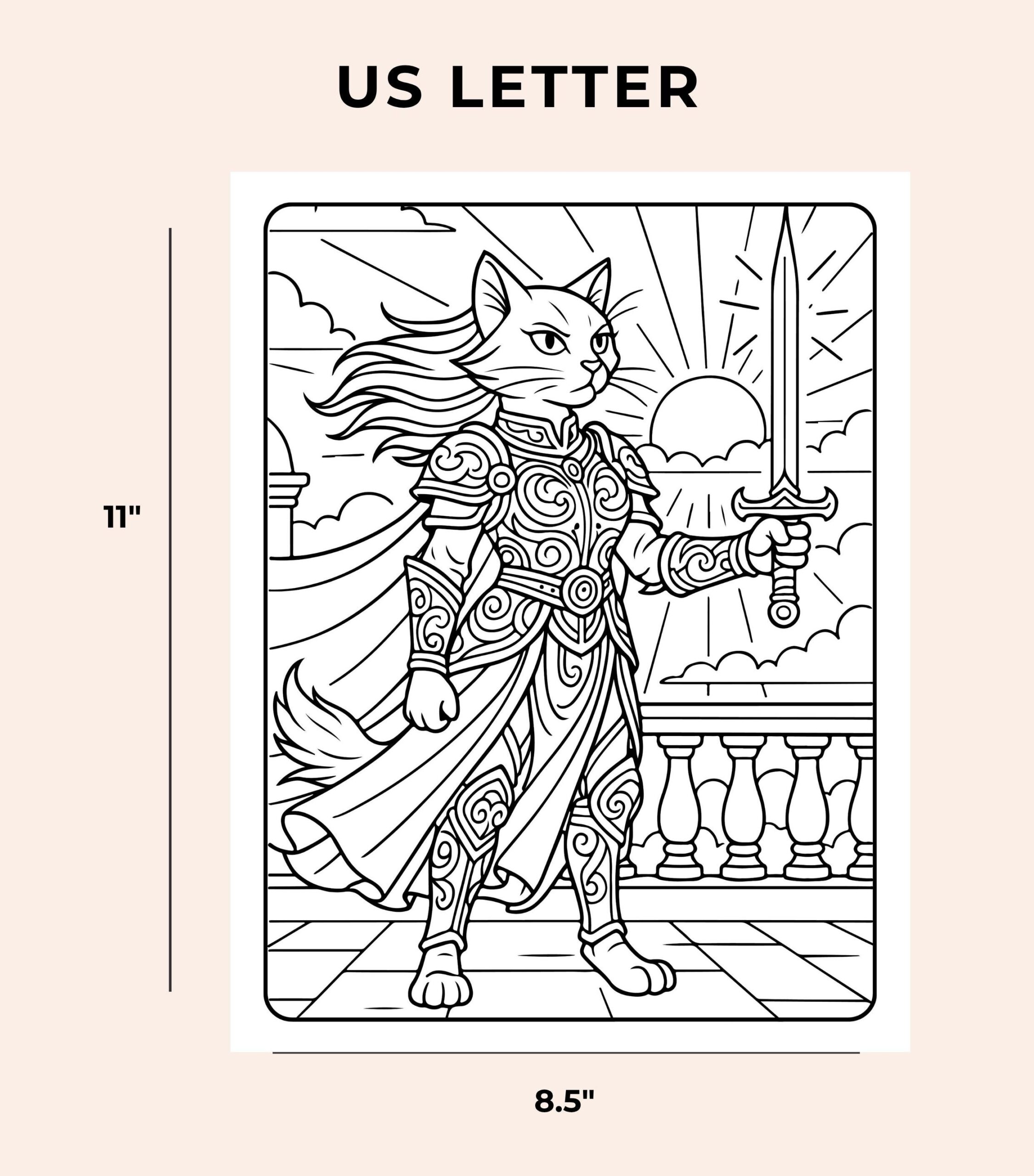 Warrior Cat Coloring Pages For Kids Brave Feline Battles Fantasy Armor Adventure Art PDF Etsy