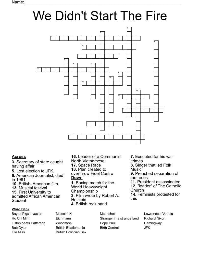 We Didn t Start The Fire Crossword WordMint